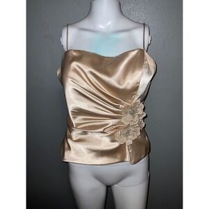 Y2K Fairy Champagne Satin Ruched Corset Top Camisole Sparkle Flower Detail M